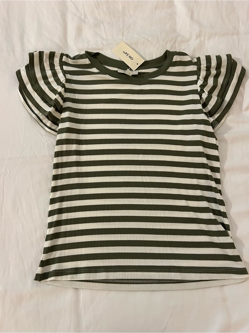 Striped Olive Green & White Short Sleeve Tee with Ruffle Sleeves